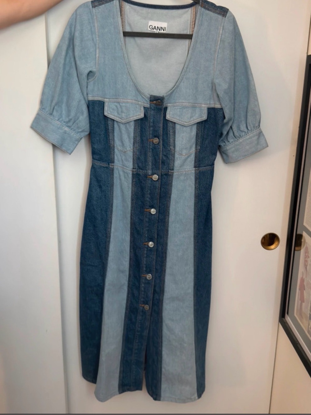 Ganni Two-Tone Blue Denim Midi Dress